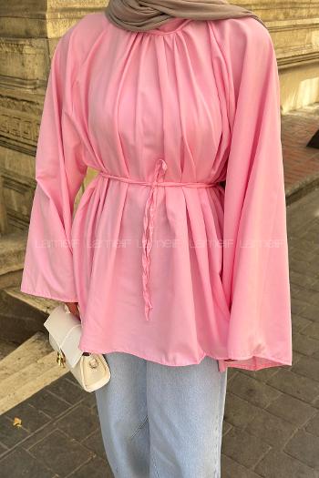 Lamelif Geniş Kol Dik Yaka Oversize Tunik Pembe