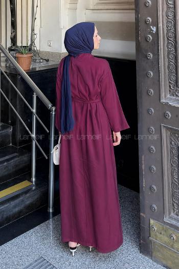 Lamelif Kuşaklı Dokuma Elbise Bordo