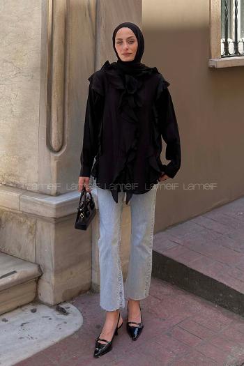 Black Mandarin Collar Long Arm Cotton Unprinted Shirt