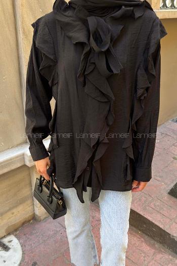 Black Mandarin Collar Long Arm Cotton Unprinted Shirt