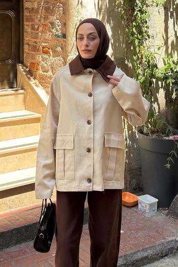 Brown Beige Shirt Collar Long Arm Cotton Jacket