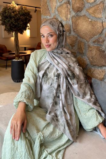 Lamelif Zambak Desen Lara Soft Şal Mint Yeşili