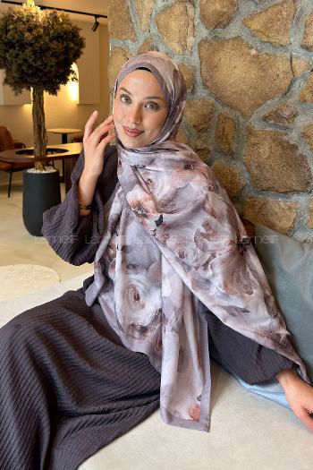 Lamelif Zambak Desen Lara Soft Şal Soft Kahve