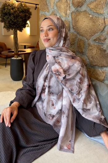 Lamelif Zambak Desen Lara Soft Şal Soft Kahve