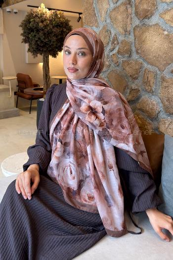 Lamelif Zambak Desen Lara Soft Şal Sütlü Kahve