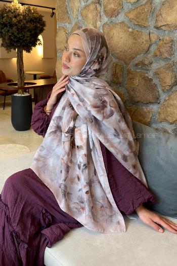 Lamelif Zambak Desen Lara Soft Şal Vizon