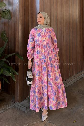 Lamelif V Yaka Çiçek Desenli Elbise Pembe
