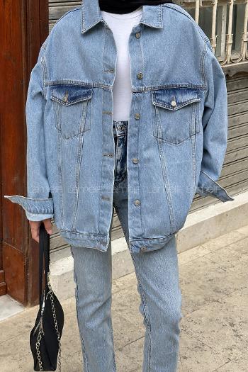 Lamelif Çift Cepli Oversize Ceket Buz Mavi