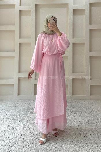 Lamelif Dökümlü Eteği Bağlamalı Takım Pembe