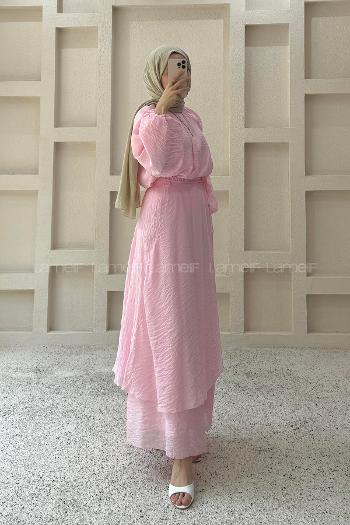 Lamelif Dökümlü Eteği Bağlamalı Takım Pembe