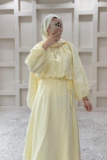 Lamelif Dökümlü Eteği Bağlamalı Takım Sarı