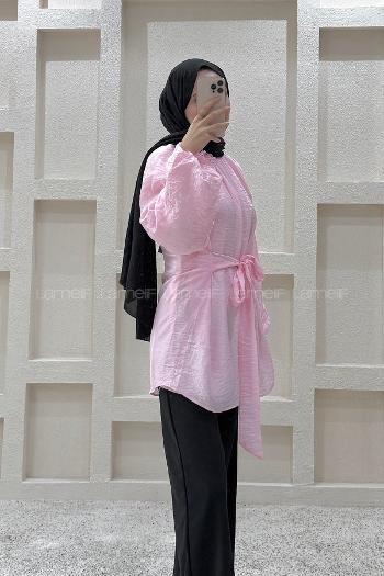Lamelif Gül Broşlu Balon Kol Tunik Pembe