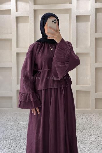 Lamelif Kol Volan Detaylı Etekli Şifon Takım Mürdüm