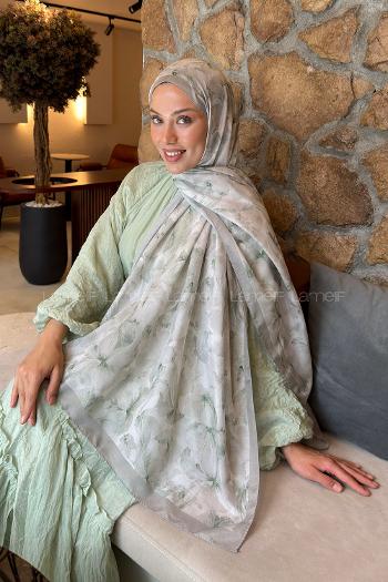 Lamelif Lale Desen Lara Soft Şal Mint Yeşili