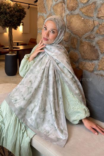 Lamelif Lale Desen Lara Soft Şal Mint Yeşili