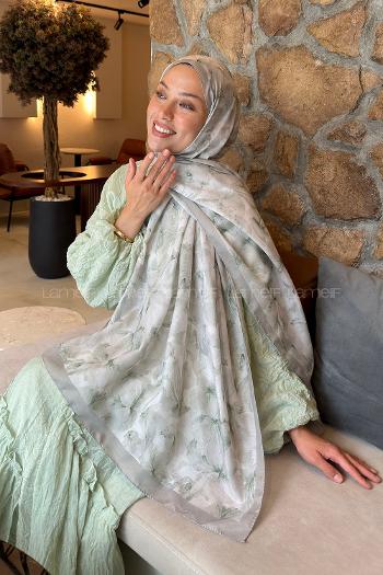 Lamelif Lale Desen Lara Soft Şal Mint Yeşili