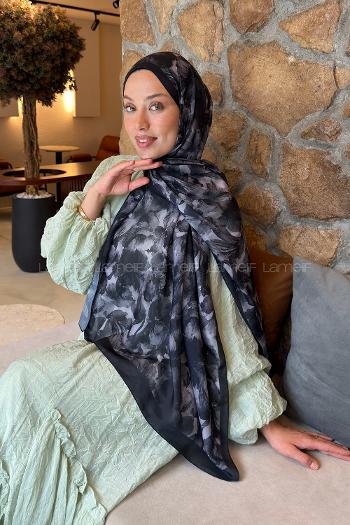 Lamelif Lale Desen Lara Soft Şal Siyah