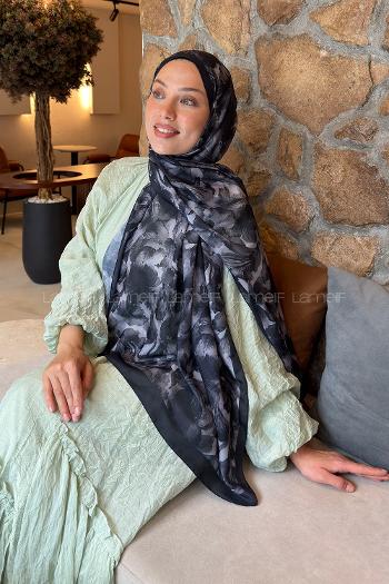 Lamelif Lale Desen Lara Soft Şal Siyah