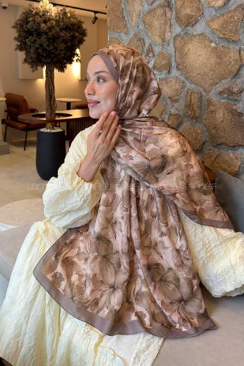Lamelif Lale Desen Lara Soft Şal Yeşil Toprak