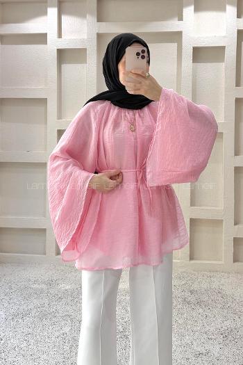Lamelif Bağlama Detaylı Şifon Tunik Pembe