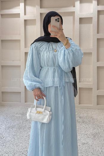 Lamelif Büzgülü Kraşlı Etekli Takım Bebe Mavisi