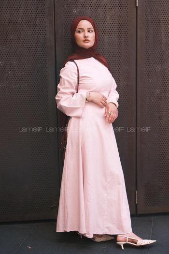 Pink Crew Neck Linen Unprinted Dresess