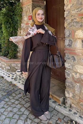 Lamelif Şal Detay Pantolonlu Bel Bağlamalı Takım Acı Kahve