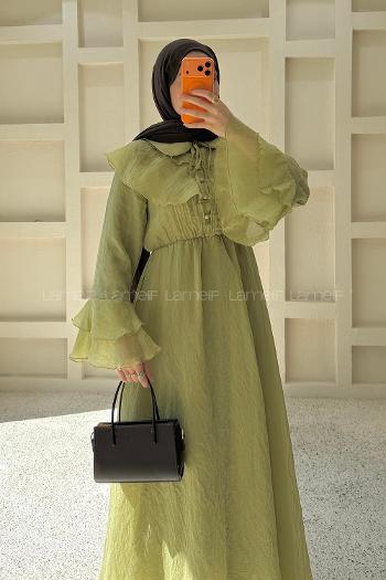 Oil Green Peter Pan Collar Viscose Unprinted Dresess