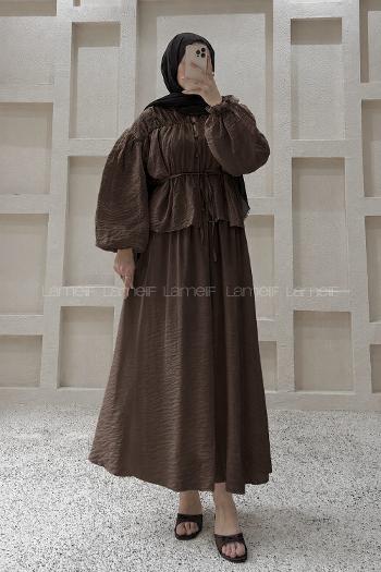 Lamelif Büzgülü Düğme Detaylı Takım Acı Kahve