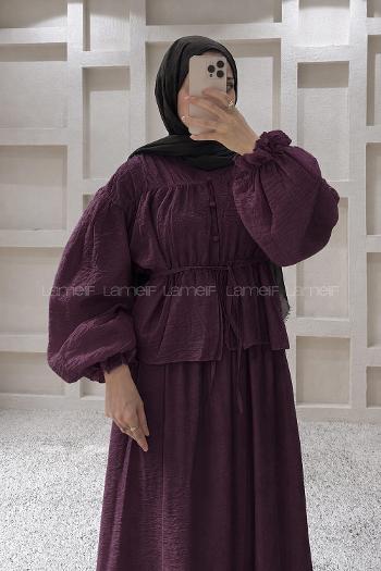 Lamelif Büzgülü Düğme Detaylı Takım Mürdüm