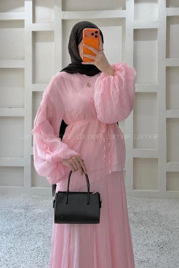 Lamelif Dökümlü Bluz Etek İkili Takım Pembe