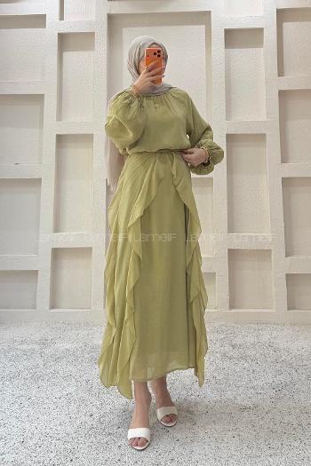 Oil Green Crew Neck Viscose Unprinted Dresess