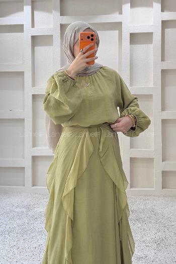 Oil Green Crew Neck Viscose Unprinted Dresess