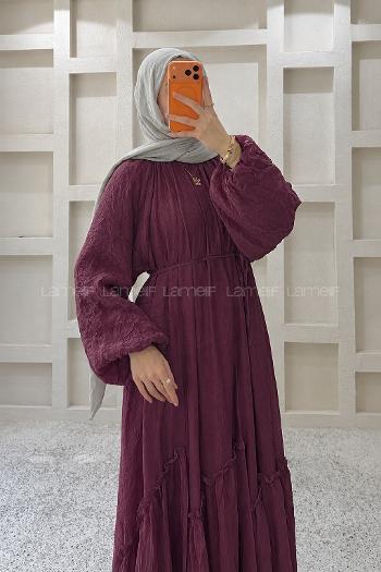 Lamelif Balon Kol Dökümlü Şifon Elbise Bordo