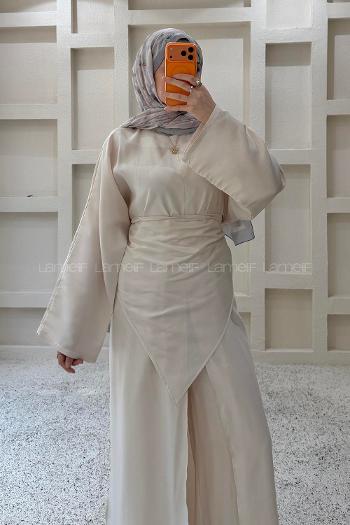 Lamelif Bel Bağlamalı Uzun Tunik-Pantolon Takım Bej