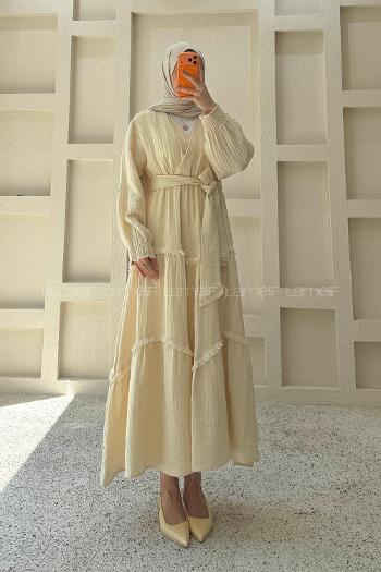 Beige V Neck Unprinted Dresess