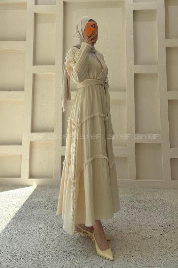 Beige V Neck Unprinted Dresess