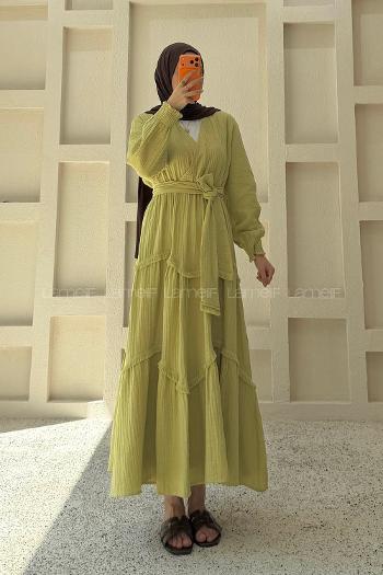 Oil Green V Neck Unprinted Dresess