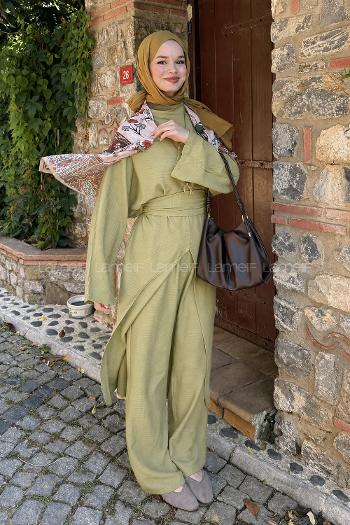 Lamelif Şal Detay Pantolonlu Bel Bağlamalı Takım Yağ Yeşili