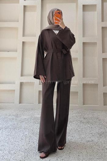 Brown V Neck Long Arm Belted Cotton Regular Trousers Suit