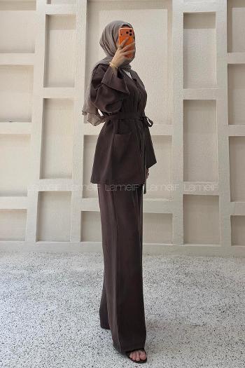 Brown V Neck Long Arm Belted Cotton Regular Trousers Suit