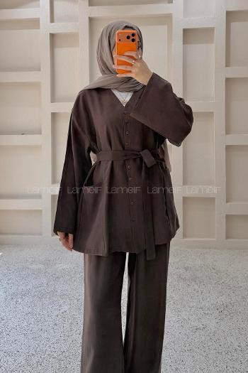 Brown V Neck Long Arm Belted Cotton Regular Trousers Suit