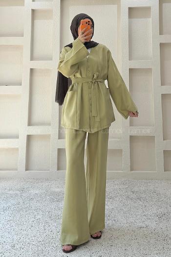 Oil Green V Neck Long Arm Belted Cotton Regular Trousers Suit