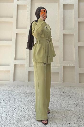 Oil Green V Neck Long Arm Belted Cotton Regular Trousers Suit