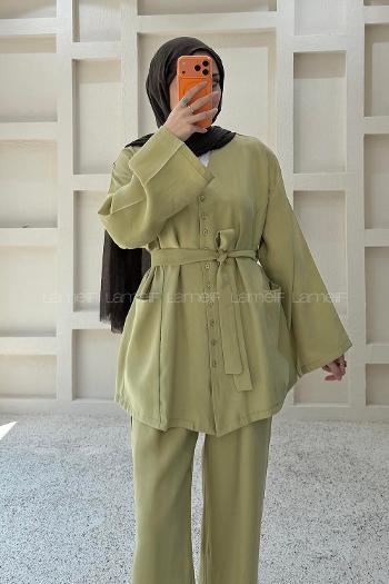 Oil Green V Neck Long Arm Belted Cotton Regular Trousers Suit