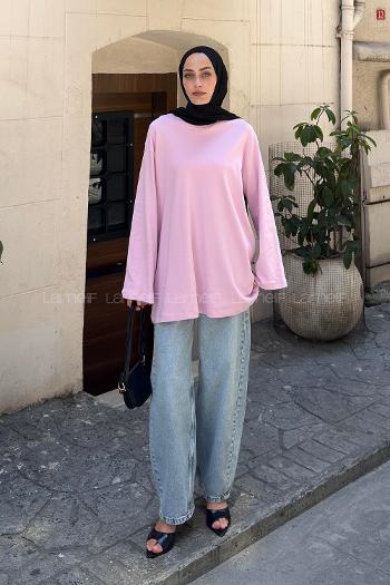 Lamelif Bisiklet Yaka Uzun Kollu Tunik Pembe