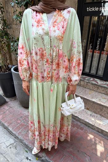 Mint Green Mandarin Collar Cotton Dresess