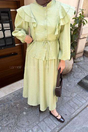 Plum Green Neckband Long Arm Cotton Flared Skirt Suit
