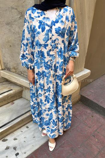 Blue V Neck Polyester Printed Dresess