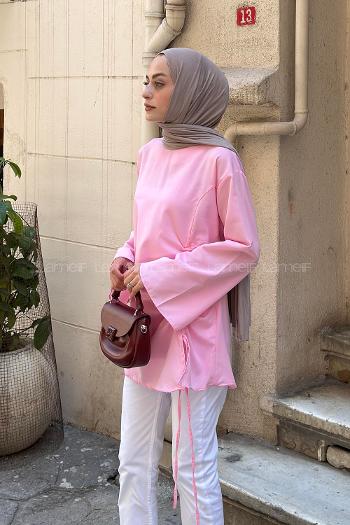 Lamelif Yan Büzgü Tasarım Tunik Pembe